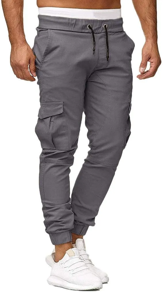 Mens Cargo Sweatpants Joggers Slim Fit Elastic Waist Athletic Pants with Pockets Workout Drawstring Trousers