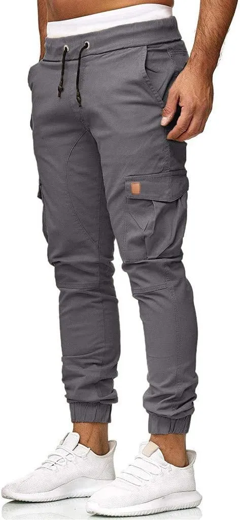 Mens Cargo Sweatpants Joggers Slim Fit Elastic Waist Athletic Pants with Pockets Workout Drawstring Trousers
