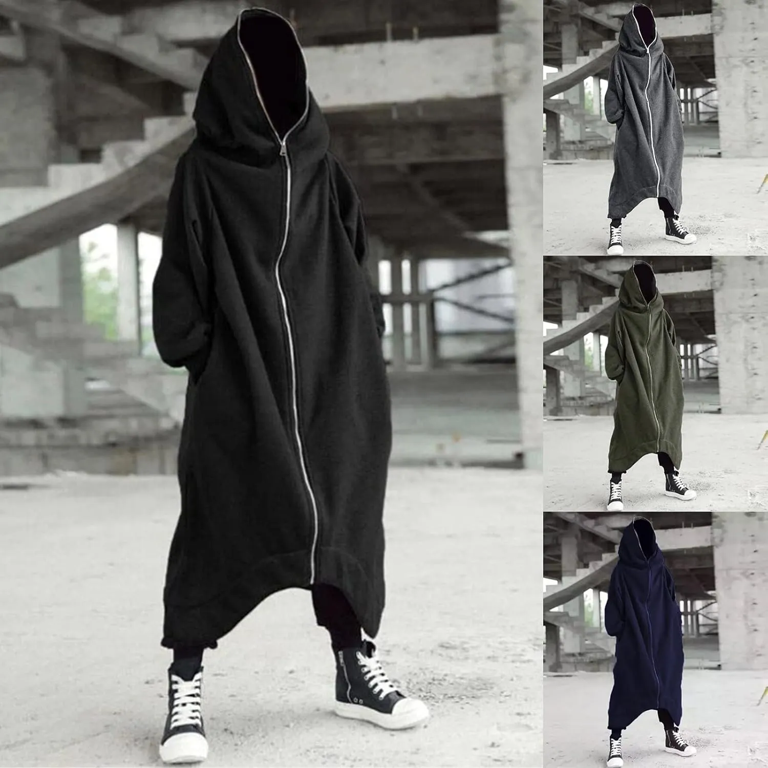 Mens Hoodies Men's Dark Style Solid Color Long Cardigan Cloak Coat Hooded Sweater Jacket