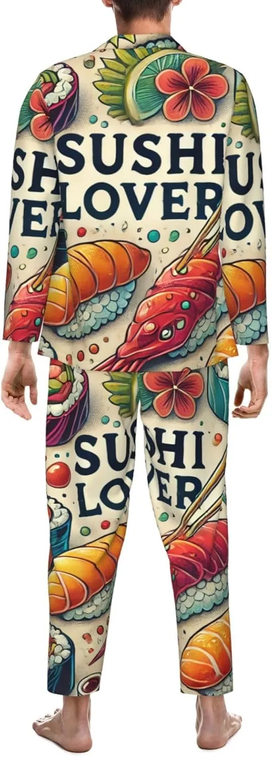 Mens Long Sleeves Pajama Set Favorite Sushi Lover Cozy Two-Piece Loungewear For Nighttime Comfort,Casual Wear