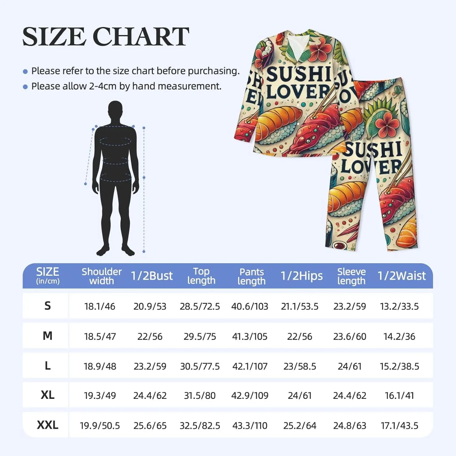 Mens Long Sleeves Pajama Set Favorite Sushi Lover Cozy Two-Piece Loungewear For Nighttime Comfort,Casual Wear