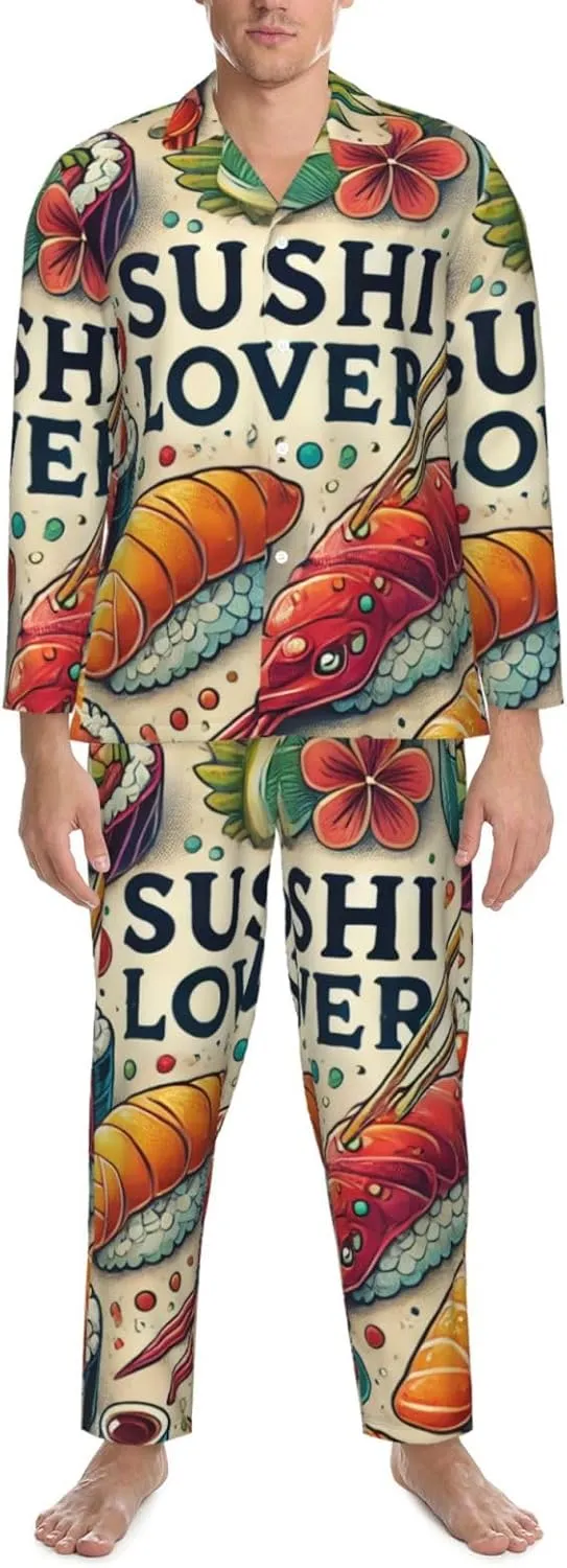 Mens Long Sleeves Pajama Set Favorite Sushi Lover Cozy Two-Piece Loungewear For Nighttime Comfort,Casual Wear