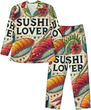 Mens Long Sleeves Pajama Set Favorite Sushi Lover Cozy Two-Piece Loungewear For Nighttime Comfort,Casual Wear