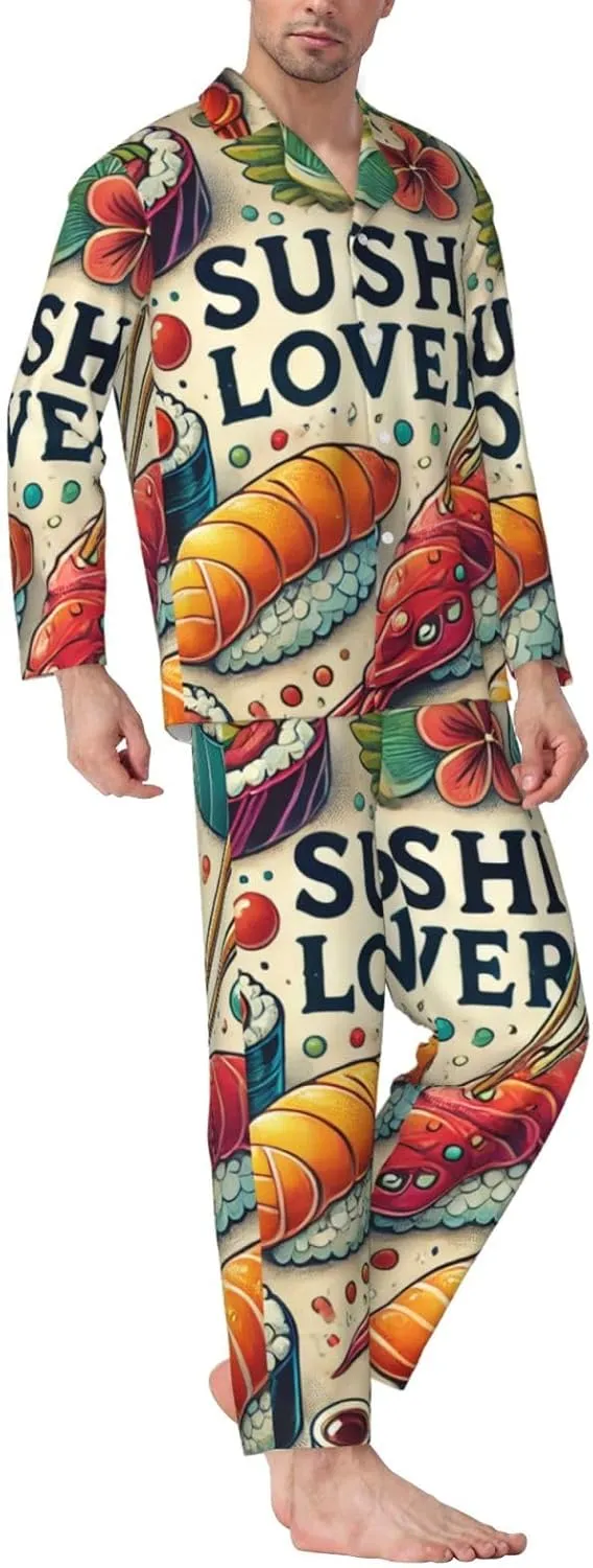 Mens Long Sleeves Pajama Set Favorite Sushi Lover Cozy Two-Piece Loungewear For Nighttime Comfort,Casual Wear