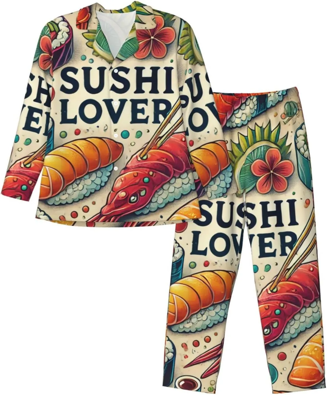 Mens Long Sleeves Pajama Set Favorite Sushi Lover Cozy Two-Piece Loungewear For Nighttime Comfort,Casual Wear