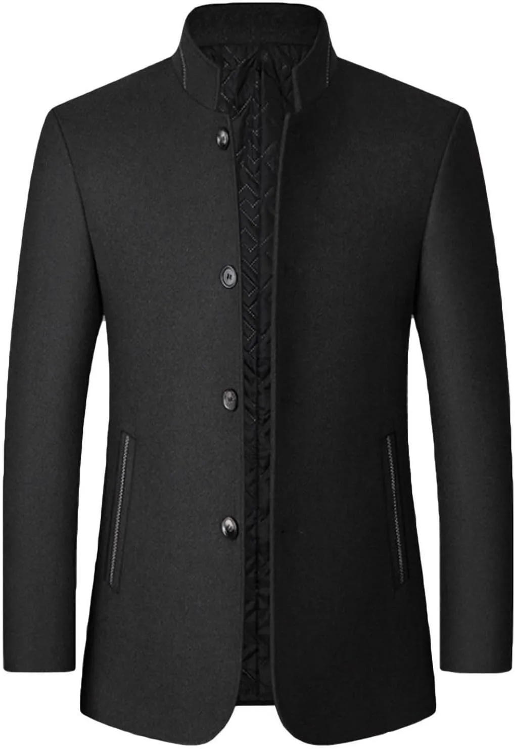 Men's Wool Trench Jacket & Coat Warm Quilted Single Breasted Band Collar Long Sleeve Winter Button Slim Fit Peacoat