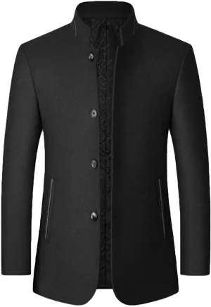 Men's Wool Trench Jacket & Coat Warm Quilted Single Breasted Band Collar Long Sleeve Winter Button Slim Fit Peacoat