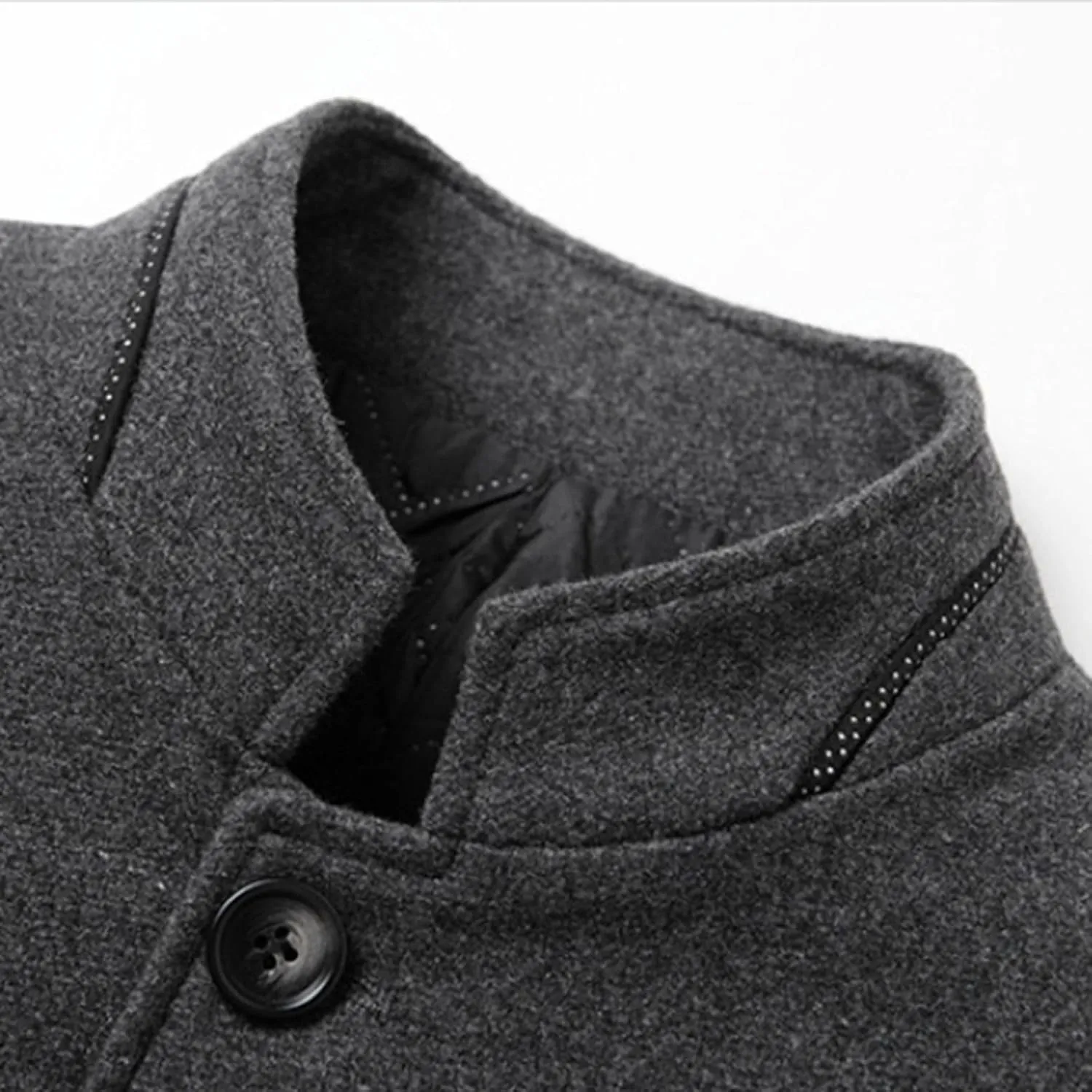 Men's Wool Trench Jacket & Coat Warm Quilted Single Breasted Band Collar Long Sleeve Winter Button Slim Fit Peacoat
