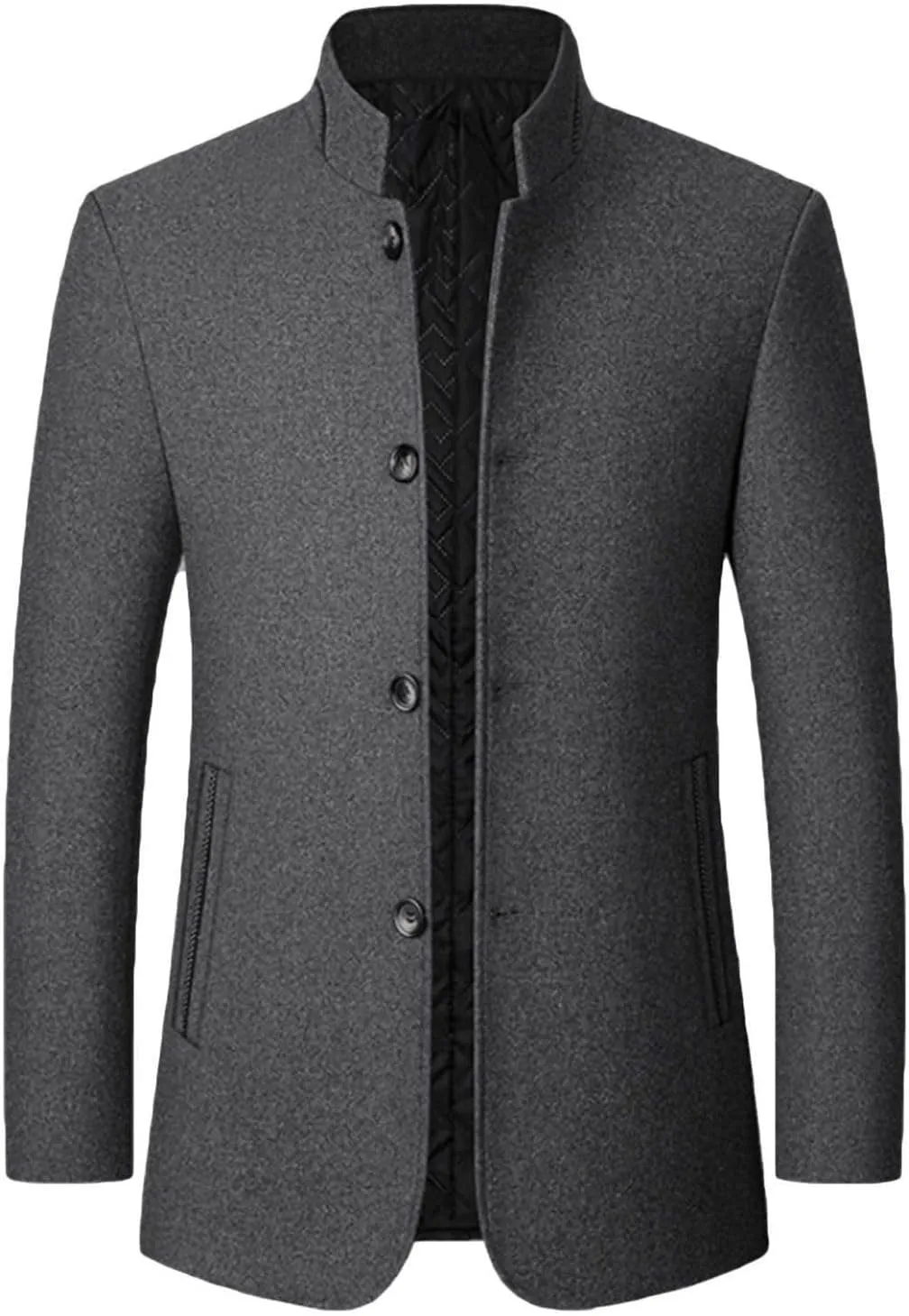 Men's Wool Trench Jacket & Coat Warm Quilted Single Breasted Band Collar Long Sleeve Winter Button Slim Fit Peacoat