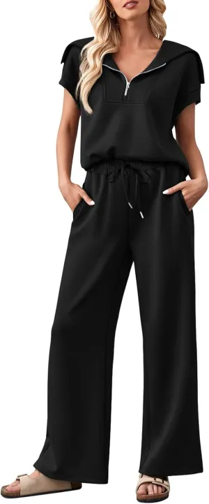 MEROKEETY Women 2 Piece Set Summer Outfits Sweatsuit Half Zip Cap Sleeve Sweatshirt Wide Leg Sweatpant Tracksuit Sets