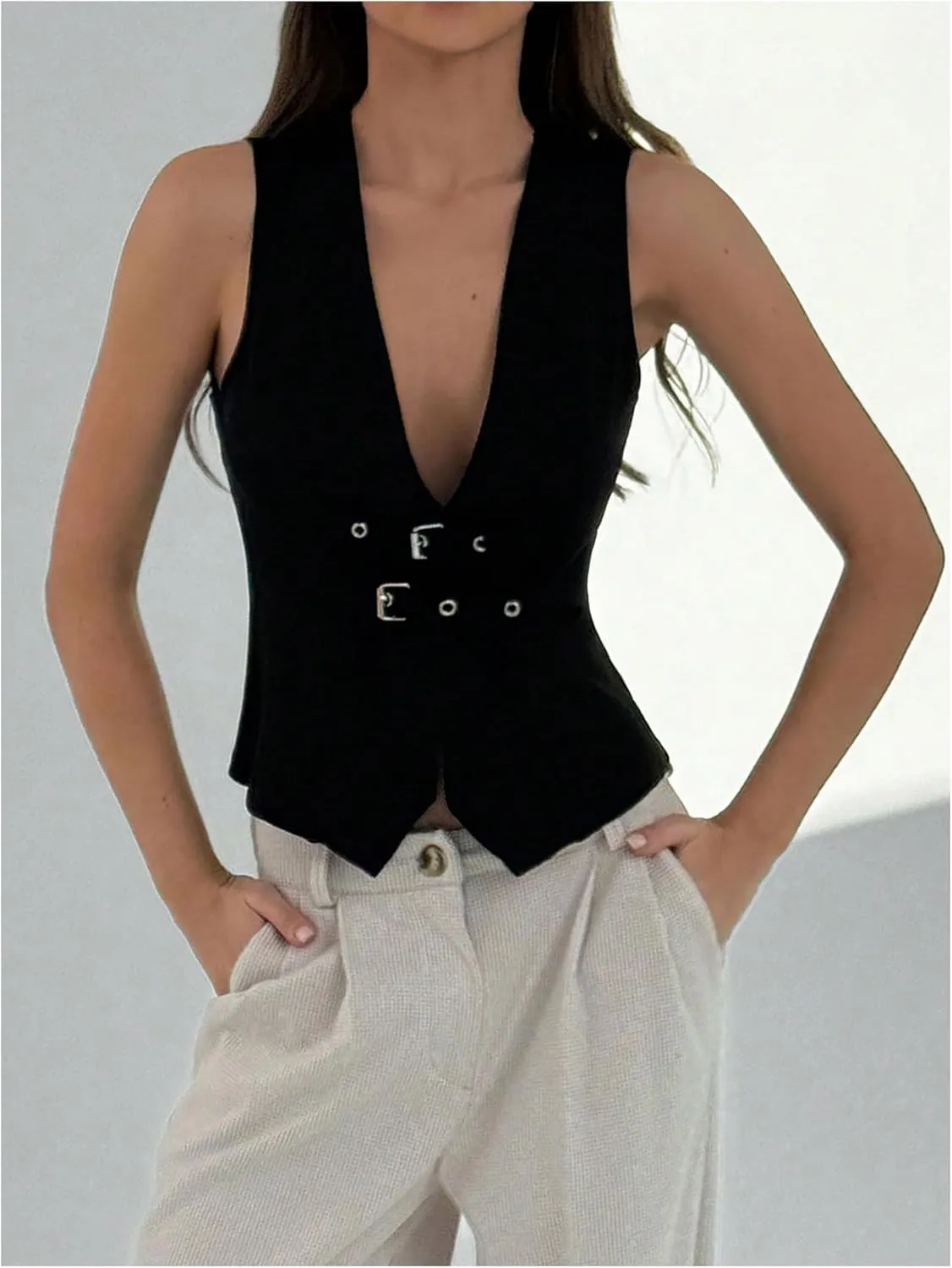 Milumia Women's Buckle Deep V Neck Blazer Vest Split Asymmetrical Hem Tank Tops