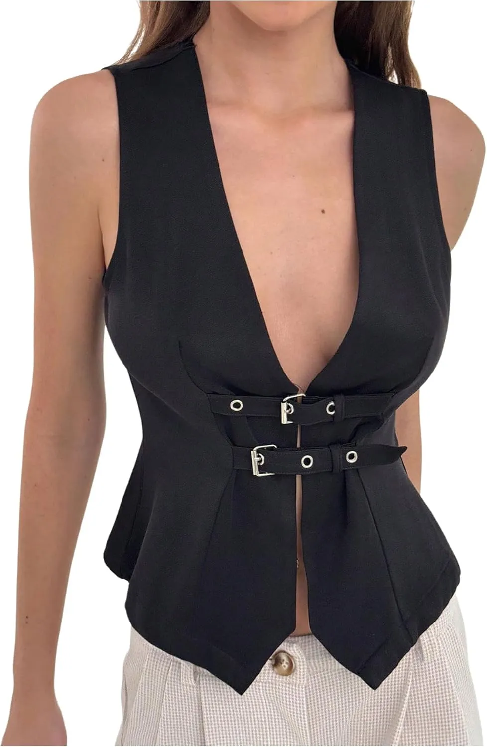 Milumia Women's Buckle Deep V Neck Blazer Vest Split Asymmetrical Hem Tank Tops