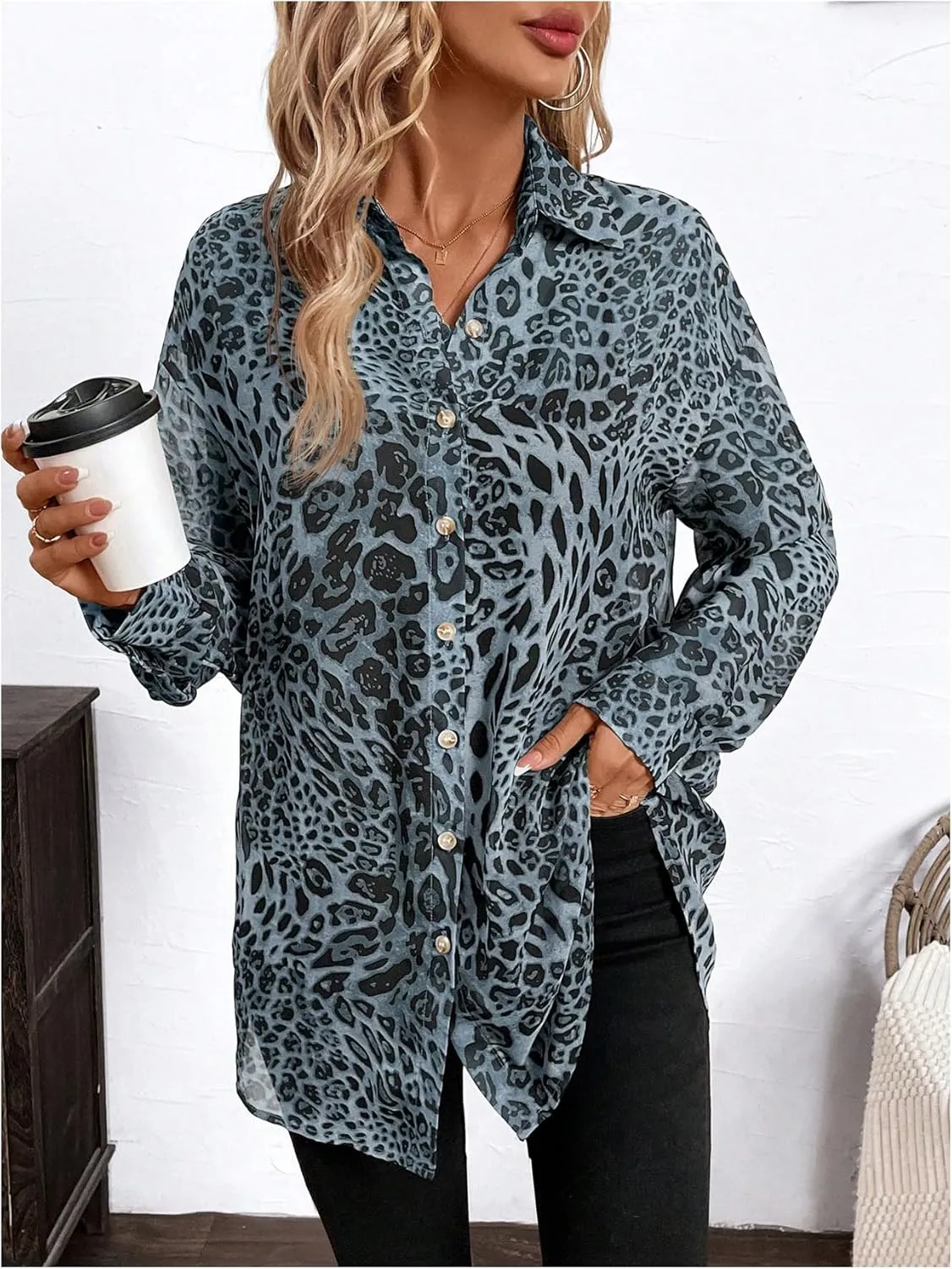 Milumia Women's Leopard Cheetah Sheer Mesh Button Down Shirt Long Sleeve Drop Shoulder Blouse Top