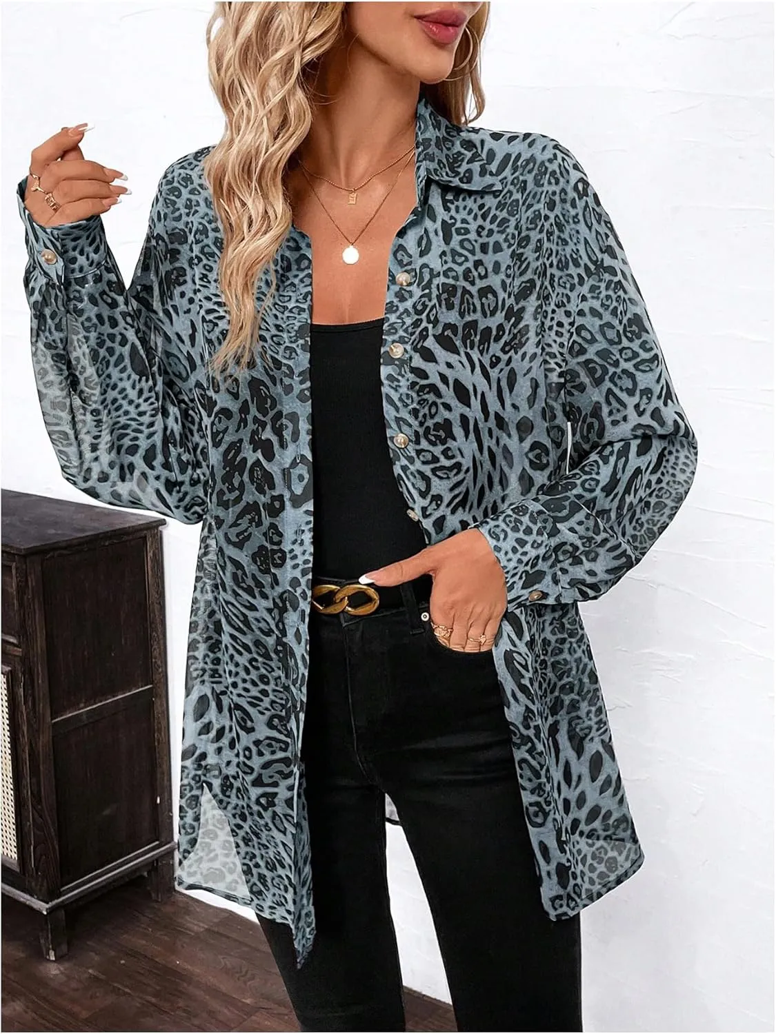 Milumia Women's Leopard Cheetah Sheer Mesh Button Down Shirt Long Sleeve Drop Shoulder Blouse Top