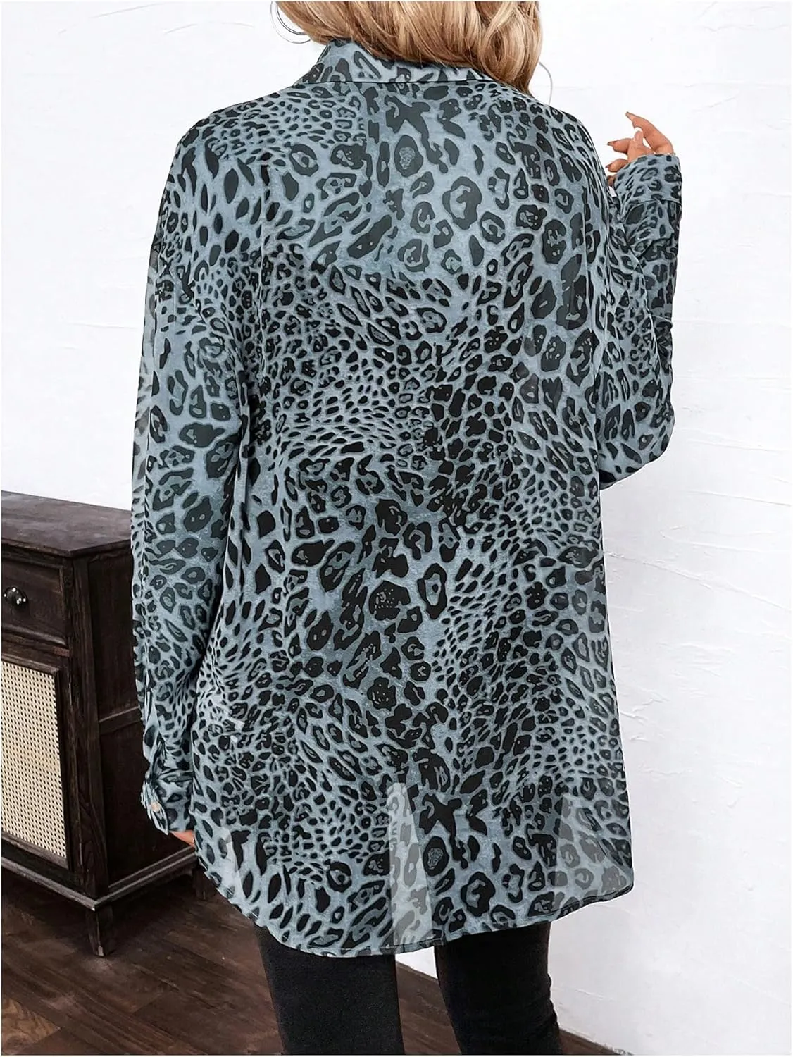 Milumia Women's Leopard Cheetah Sheer Mesh Button Down Shirt Long Sleeve Drop Shoulder Blouse Top