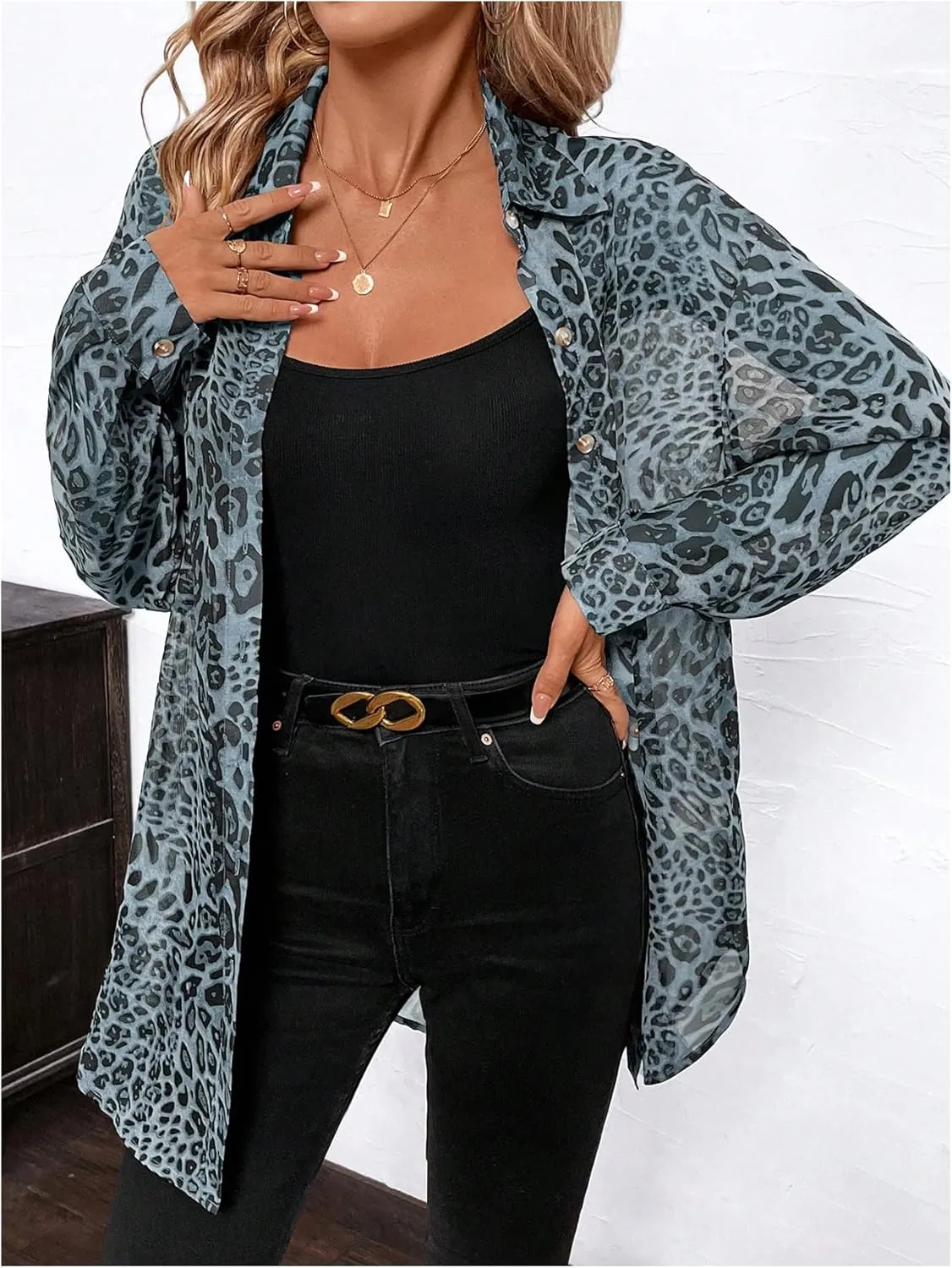 Milumia Women's Leopard Cheetah Sheer Mesh Button Down Shirt Long Sleeve Drop Shoulder Blouse Top