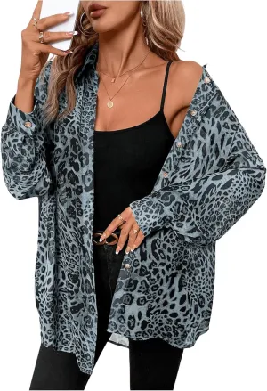 Milumia Women's Leopard Cheetah Sheer Mesh Button Down Shirt Long Sleeve Drop Shoulder Blouse Top