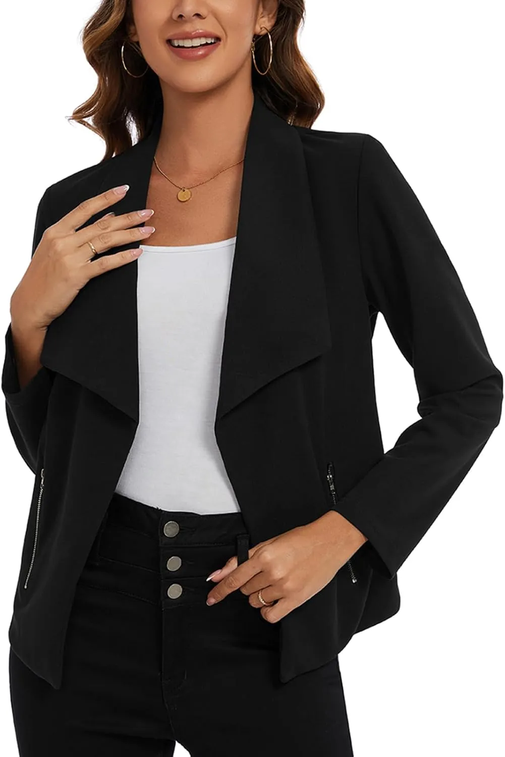 MINTLIMIT Blazer for Women Long Sleeve Open Front Blazer Draped Lightweight Casual Work Office Jacket with Zipper Pockets