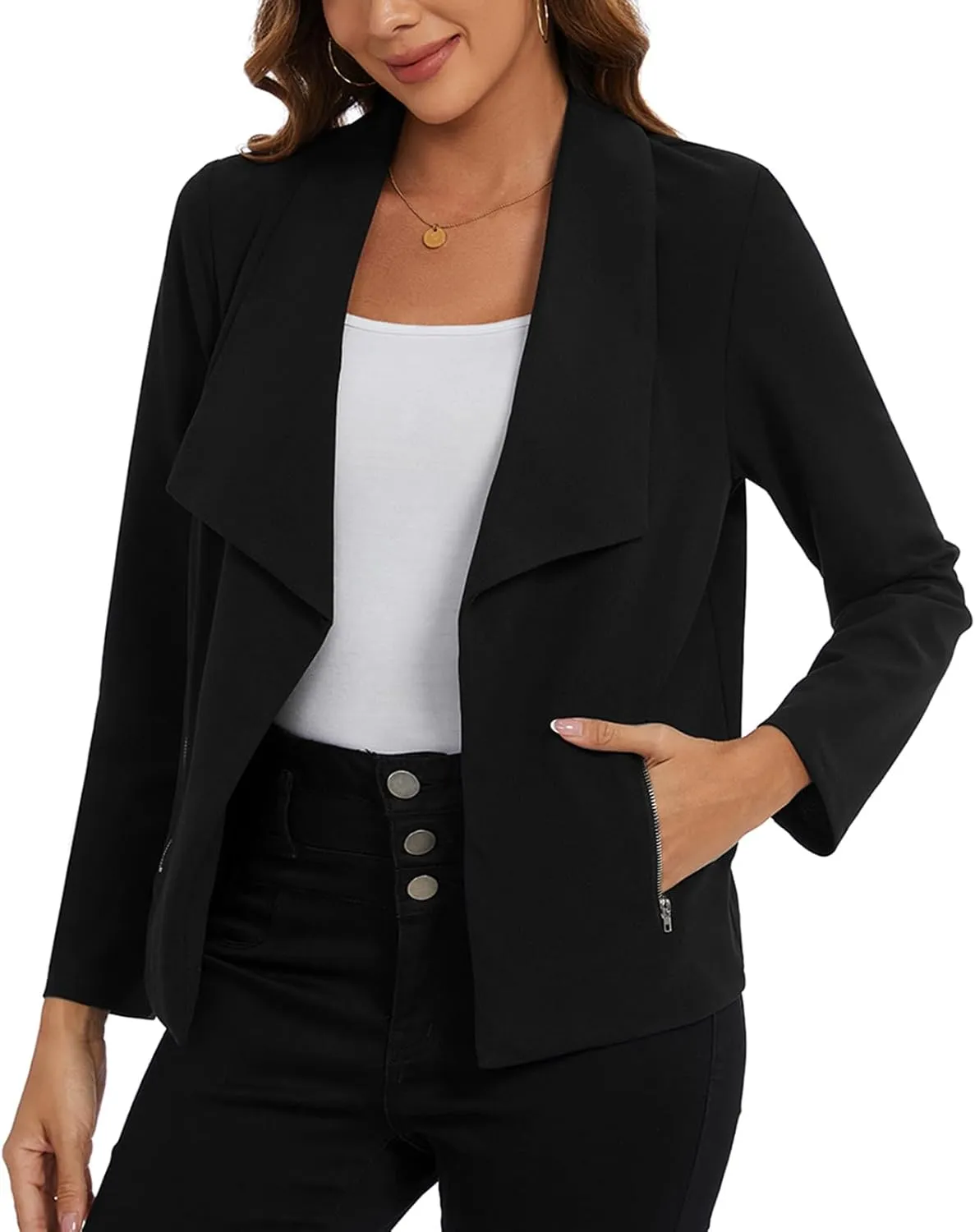 MINTLIMIT Blazer for Women Long Sleeve Open Front Blazer Draped Lightweight Casual Work Office Jacket with Zipper Pockets