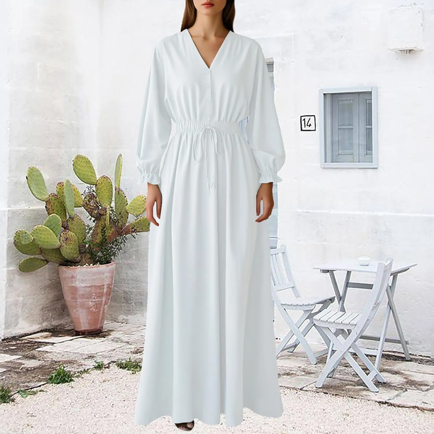 MsavigVice Women's Maxi Dresses Floral Printed Boho Casual V Neck Long Sleeve Elastic Waist Loose Floor Length Dress