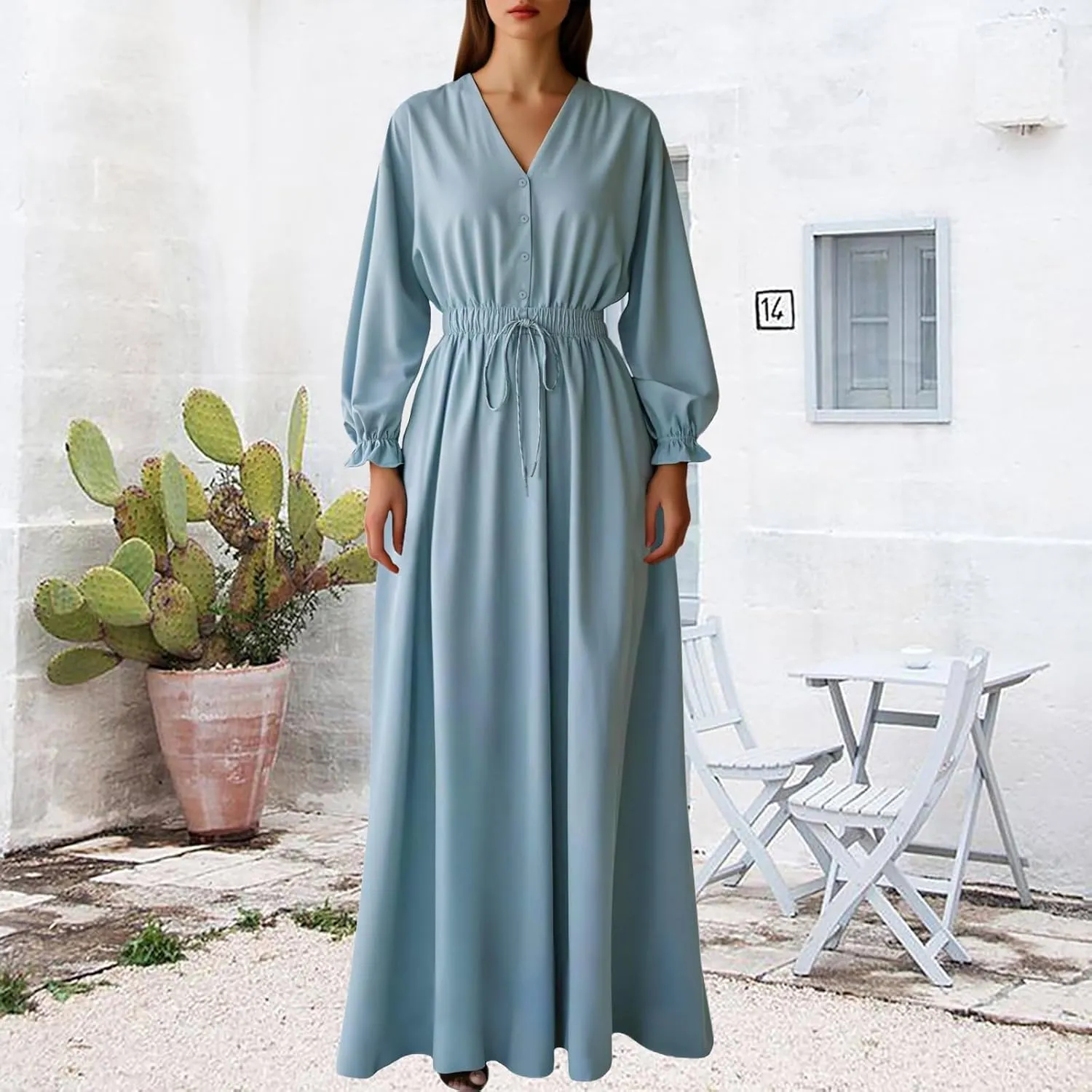 MsavigVice Women's Maxi Dresses Floral Printed Boho Casual V Neck Long Sleeve Elastic Waist Loose Floor Length Dress