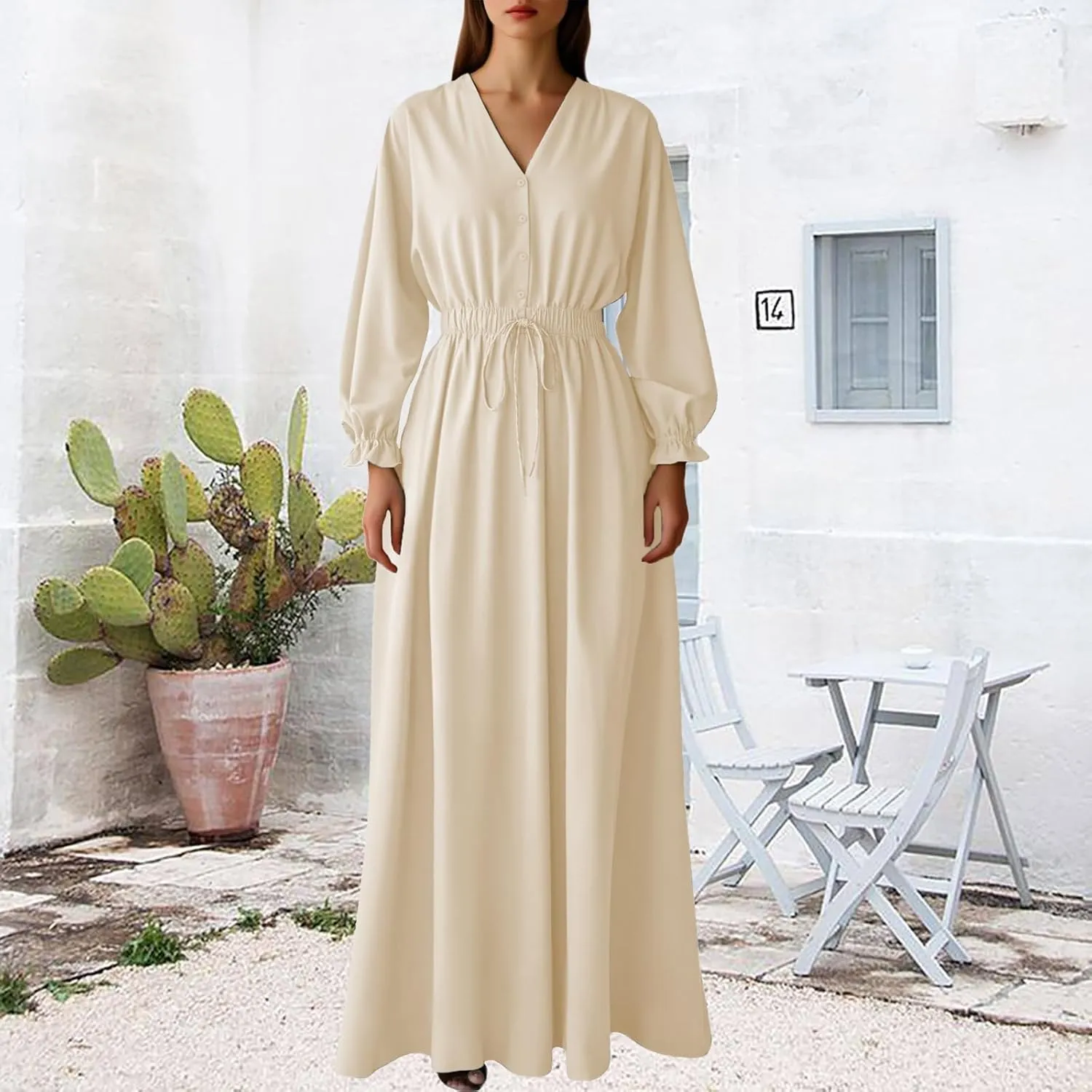 MsavigVice Women's Maxi Dresses Floral Printed Boho Casual V Neck Long Sleeve Elastic Waist Loose Floor Length Dress