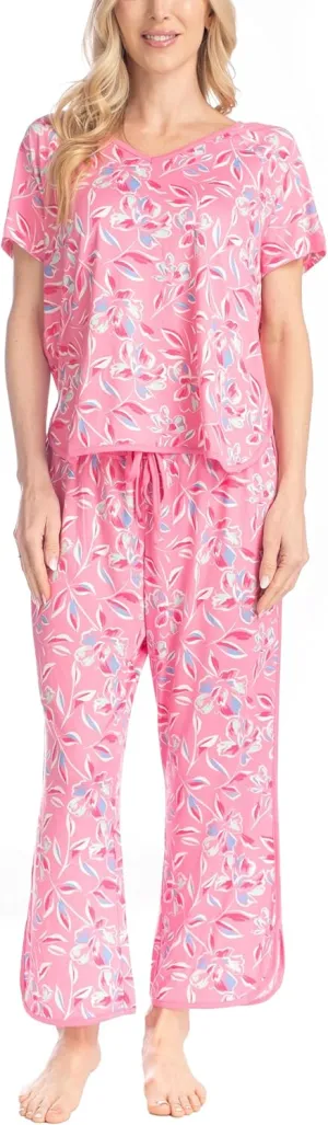 MUK LUKS Fun In The Sun Pajama Set, Short Sleeve T-Shirt and Capri Pants with Rounded Binded Hems
