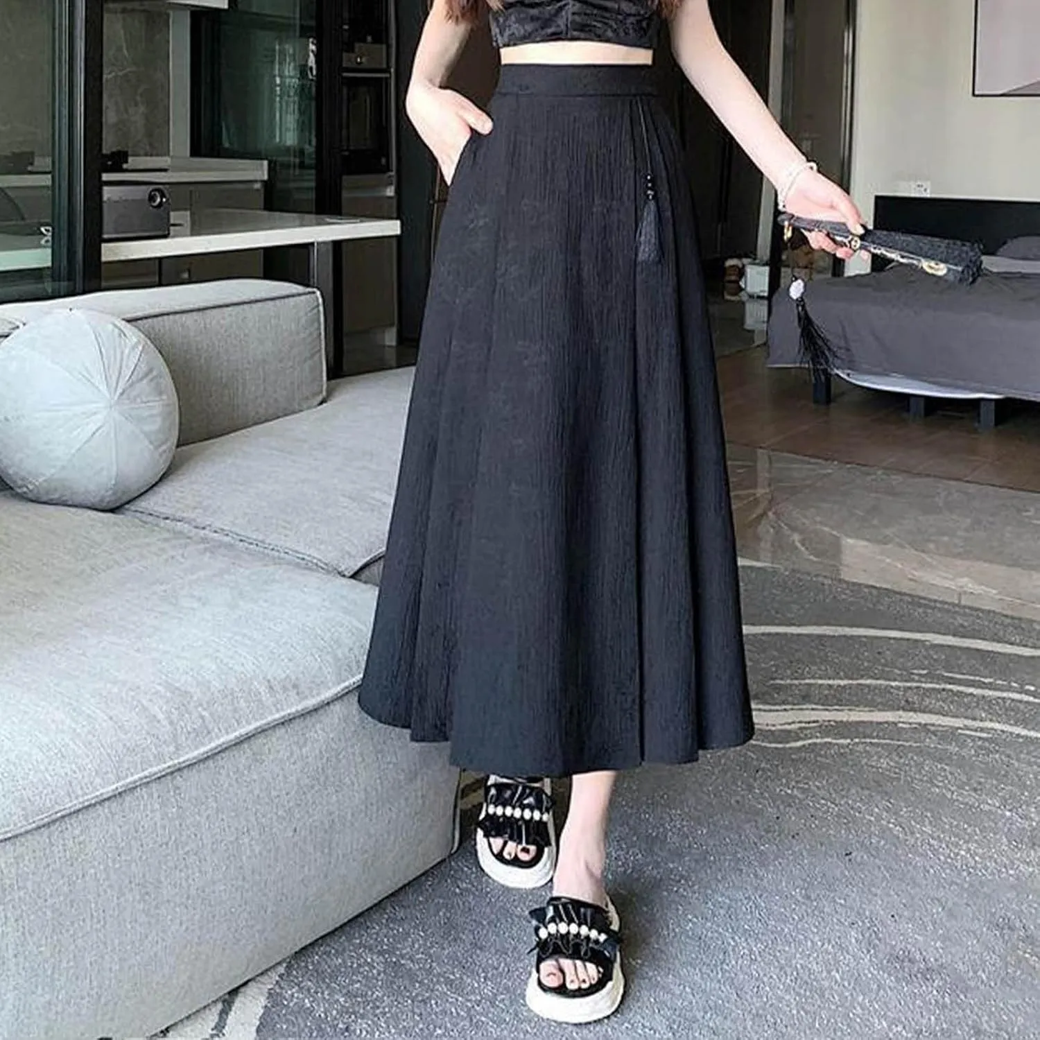 Oplxuo Women Elegant Maxi Skirts Floral Print Loose Fit High Waisted Long Skirts