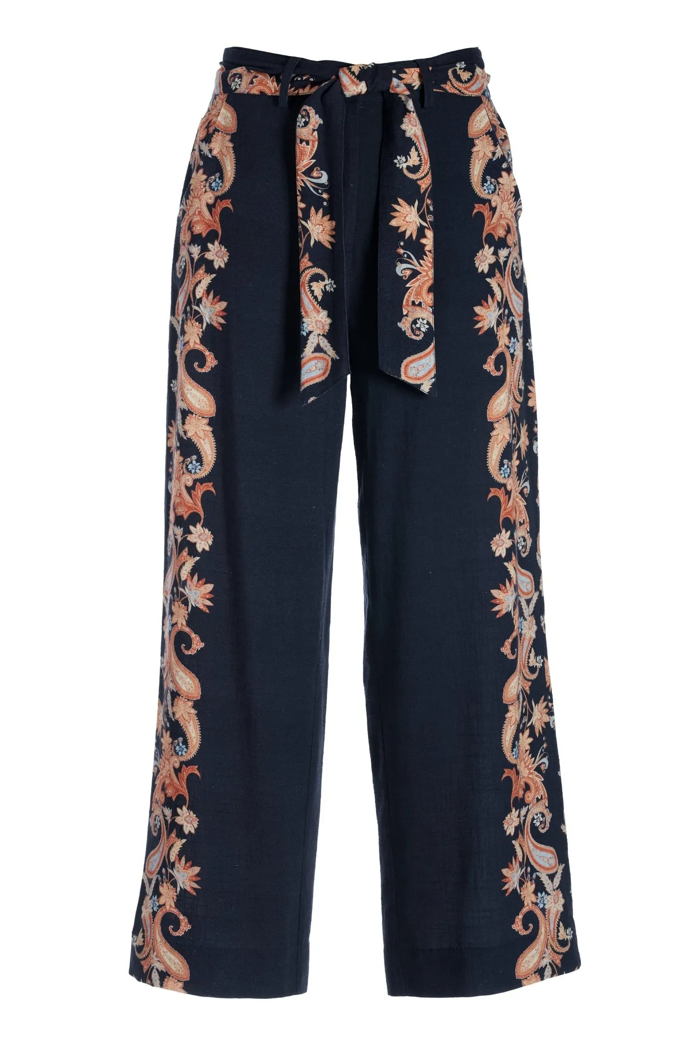 Paisley Scroll Belted Pull On Crop Pant Navy