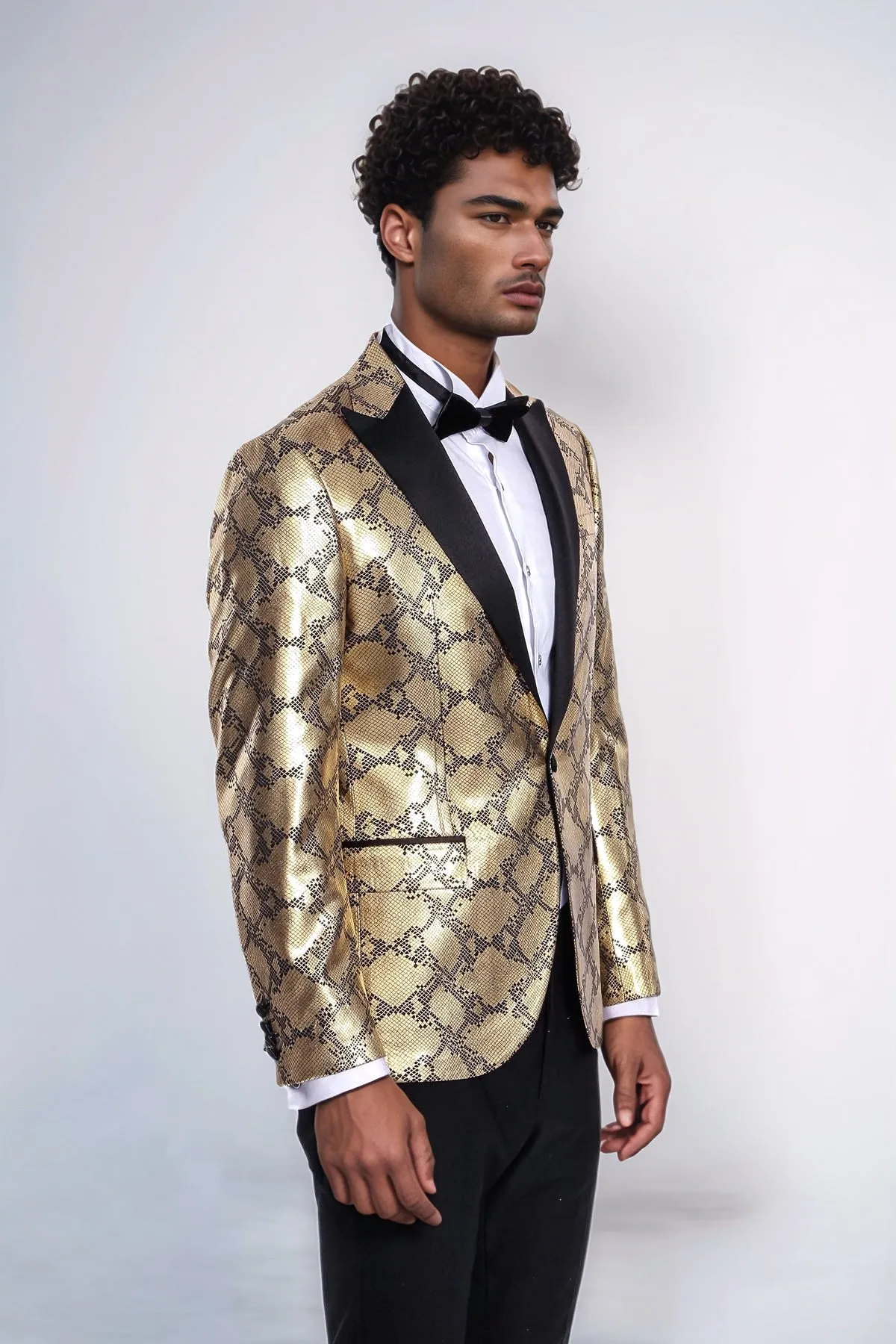 Patterned Slim Fit Gold Men Stage Performance Jacket - Wessi