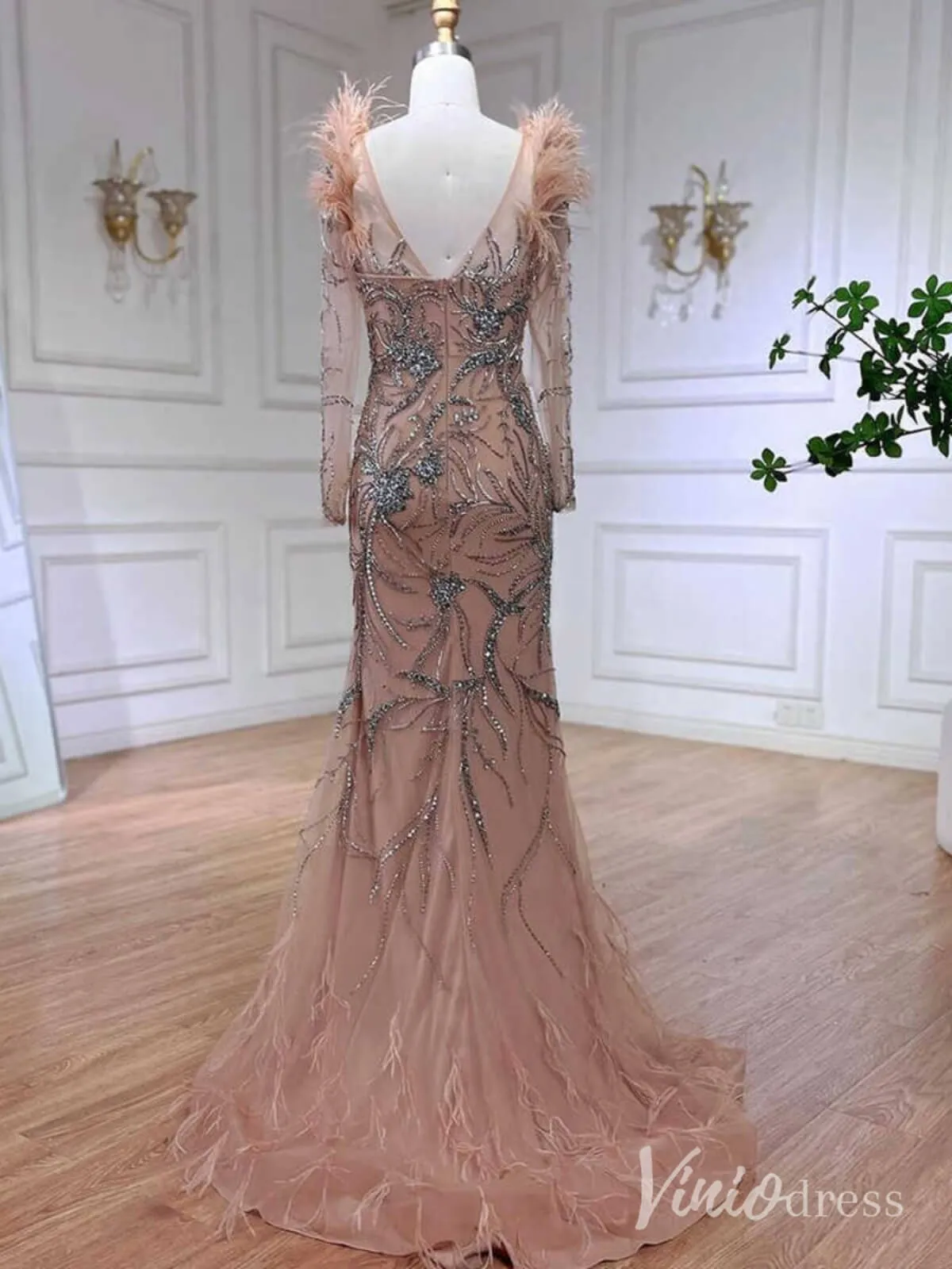 Pink Beaded Lace Mermaid Prom Dresses Feathers Long Sleeve Pageant Dress AD1257