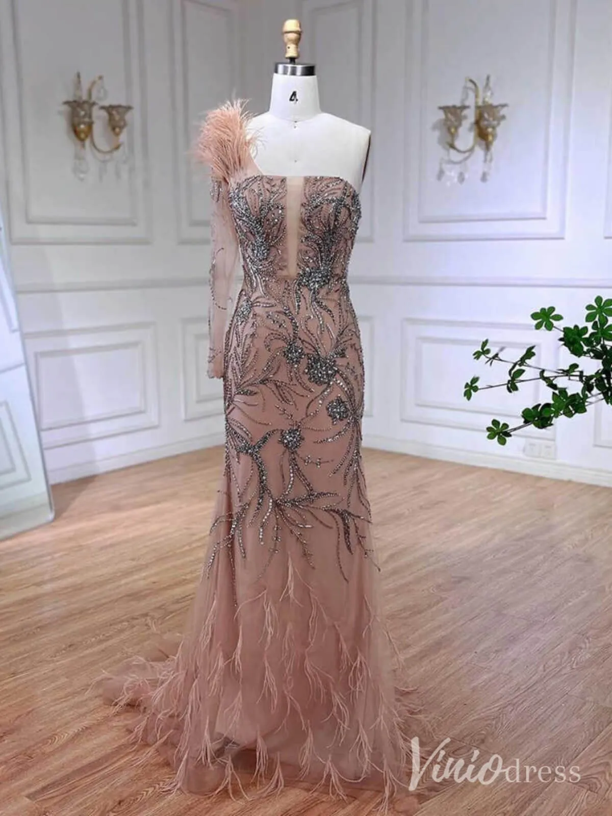 Pink Beaded Lace Mermaid Prom Dresses Feathers Long Sleeve Pageant Dress AD1257