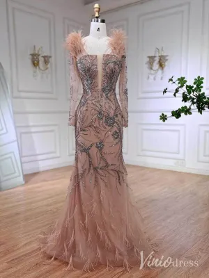 Pink Beaded Lace Mermaid Prom Dresses Feathers Long Sleeve Pageant Dress AD1257