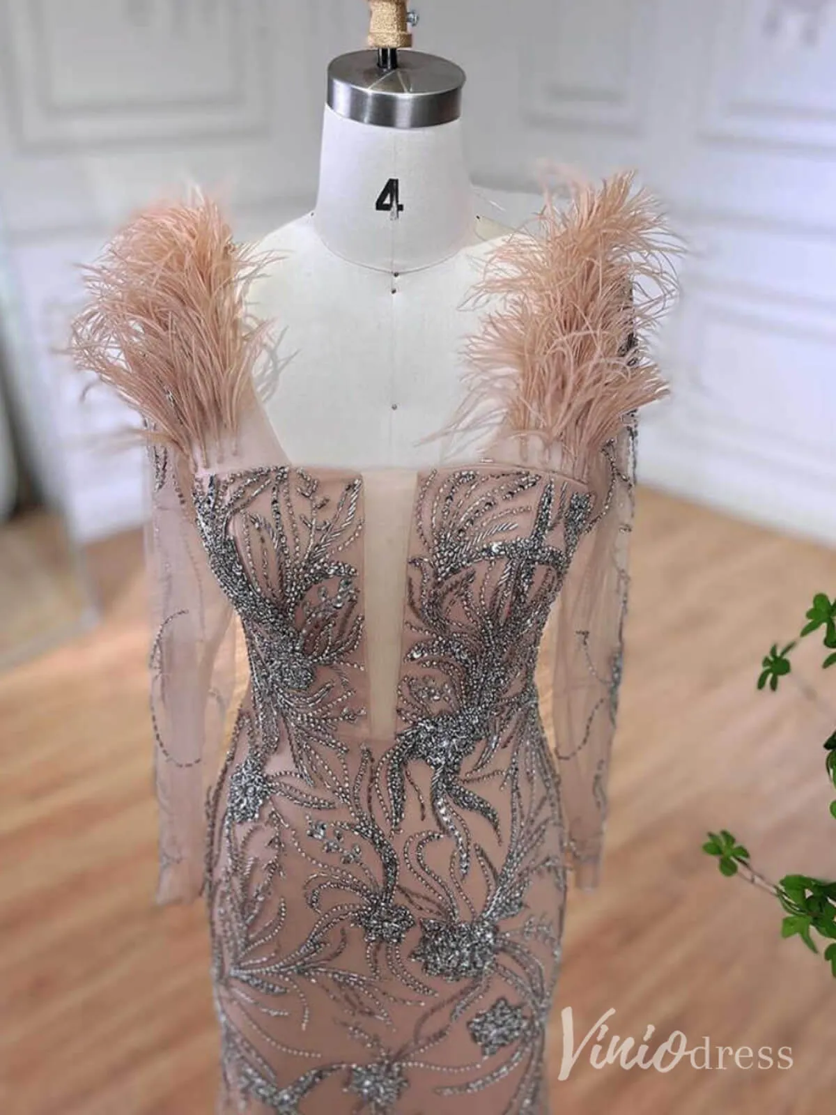 Pink Beaded Lace Mermaid Prom Dresses Feathers Long Sleeve Pageant Dress AD1257