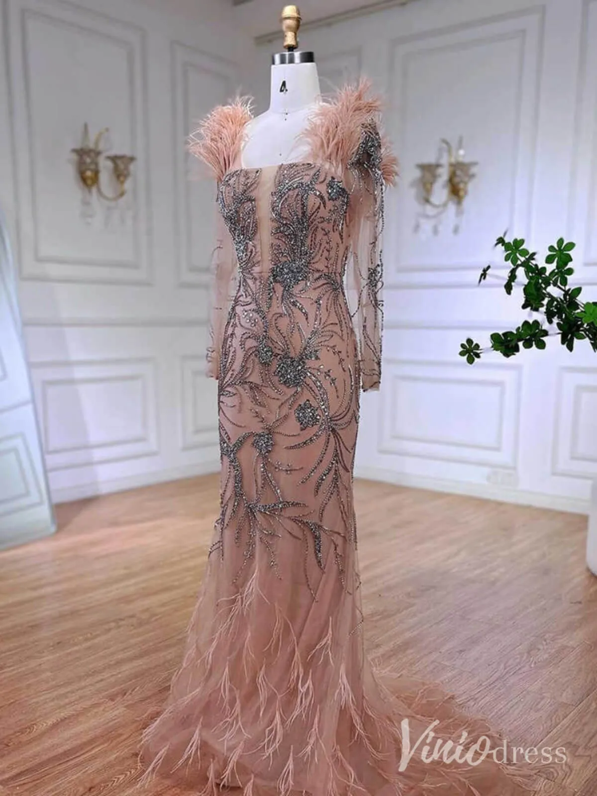 Pink Beaded Lace Mermaid Prom Dresses Feathers Long Sleeve Pageant Dress AD1257