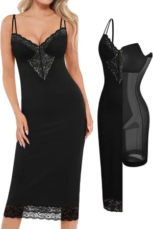 Popilush Shapewear Dress Deep V Neck Lace Cocktail Maxi Dresses for Women
