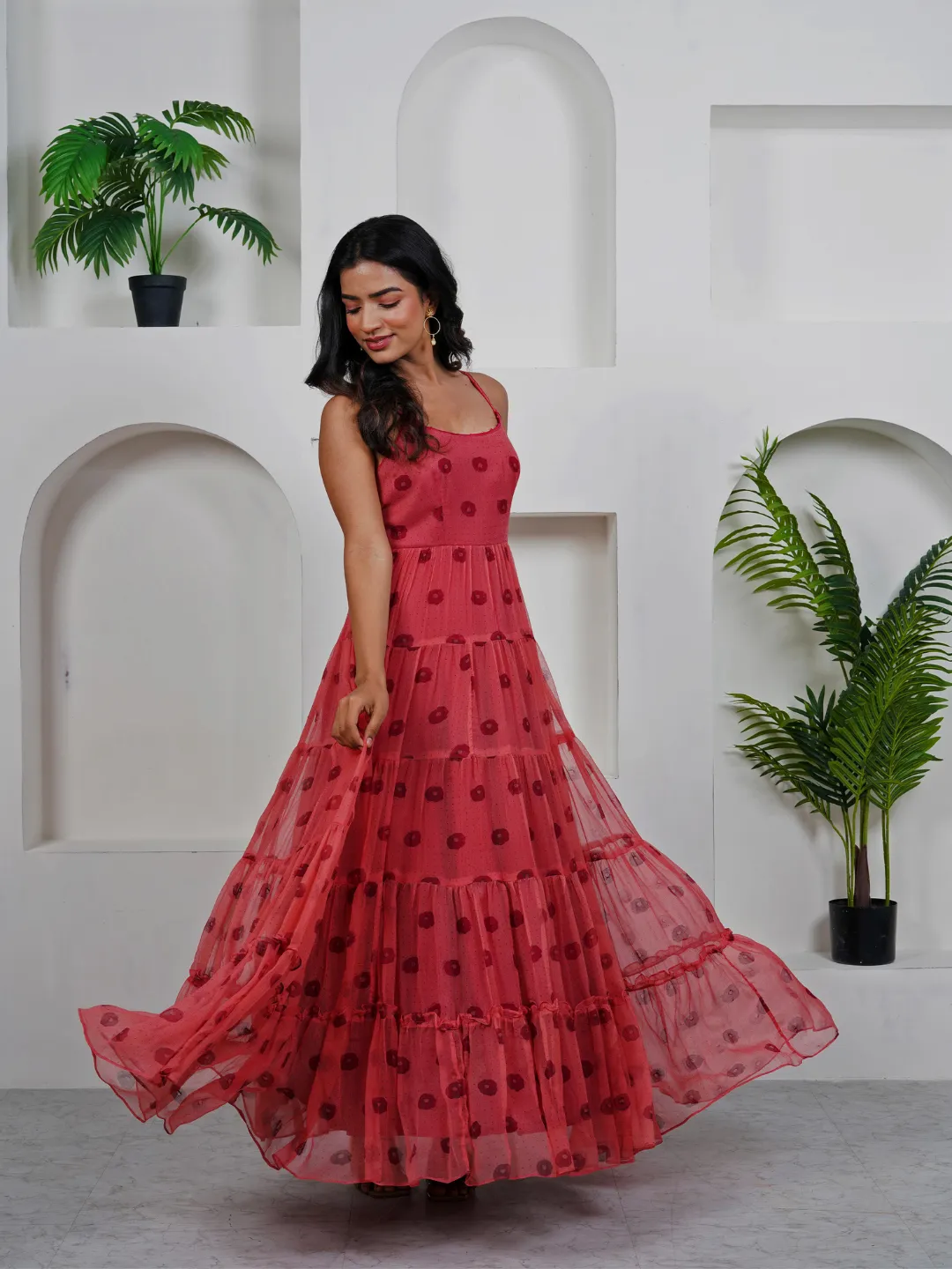 Poppy Flower Red Cotton Chiffon Maxi Dress