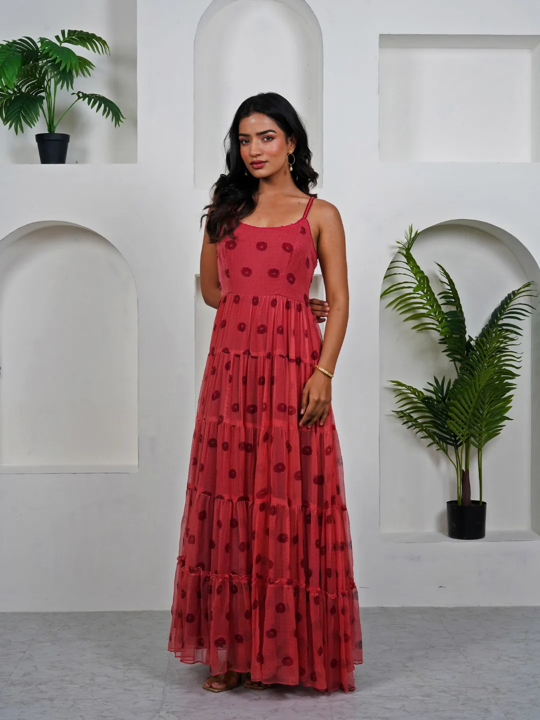 Poppy Flower Red Cotton Chiffon Maxi Dress