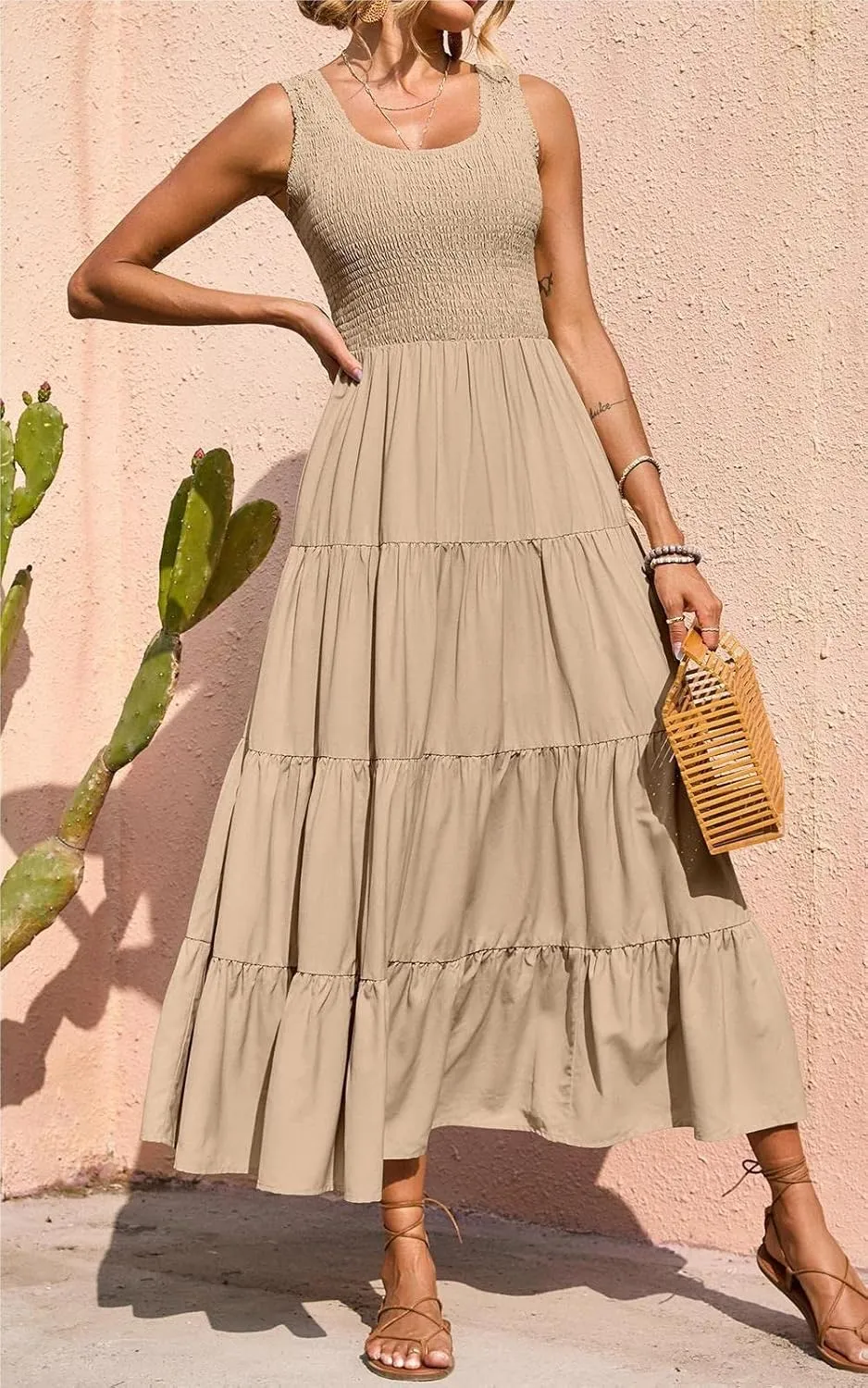 PRETTYGARDEN Women's 2025 Casual Loose Plain Maxi Sundress Smocked Tank Dress Sleeveless Summer Beach Tiered Long Dresses