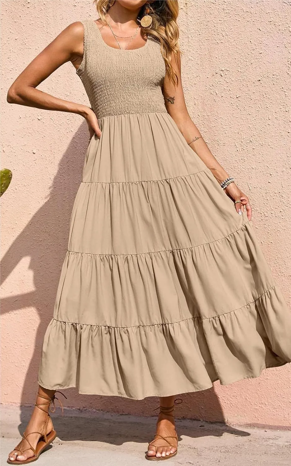 PRETTYGARDEN Women's 2025 Casual Loose Plain Maxi Sundress Smocked Tank Dress Sleeveless Summer Beach Tiered Long Dresses