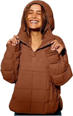 Pullover Puffer Jacket for Women Long Sleeve Oversized Quilted Jackets Solid Color Hooded Sweatshirt Fall Comfy Outwear