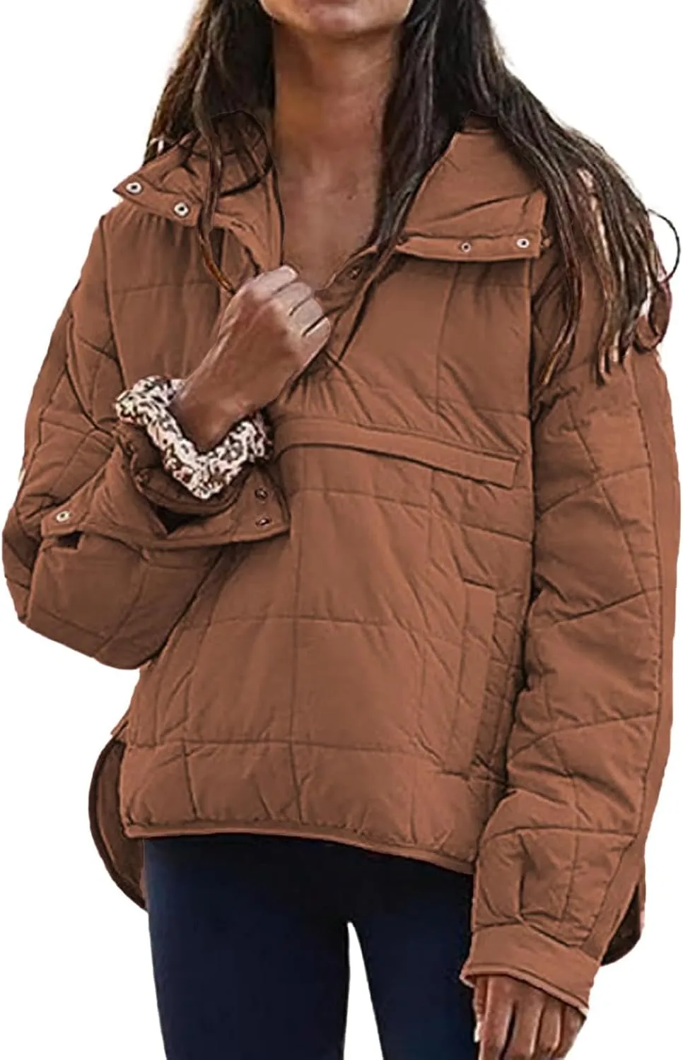 Pullover Puffer Jacket for Women Long Sleeve Oversized Quilted Jackets Solid Color Hooded Sweatshirt Fall Comfy Outwear