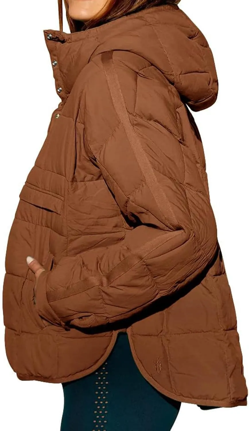 Pullover Puffer Jacket for Women Long Sleeve Oversized Quilted Jackets Solid Color Hooded Sweatshirt Fall Comfy Outwear