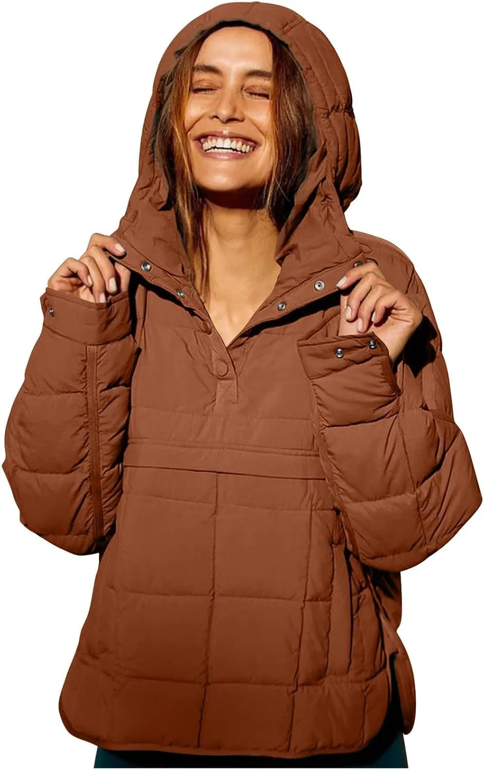 Pullover Puffer Jacket for Women Long Sleeve Oversized Quilted Jackets Solid Color Hooded Sweatshirt Fall Comfy Outwear