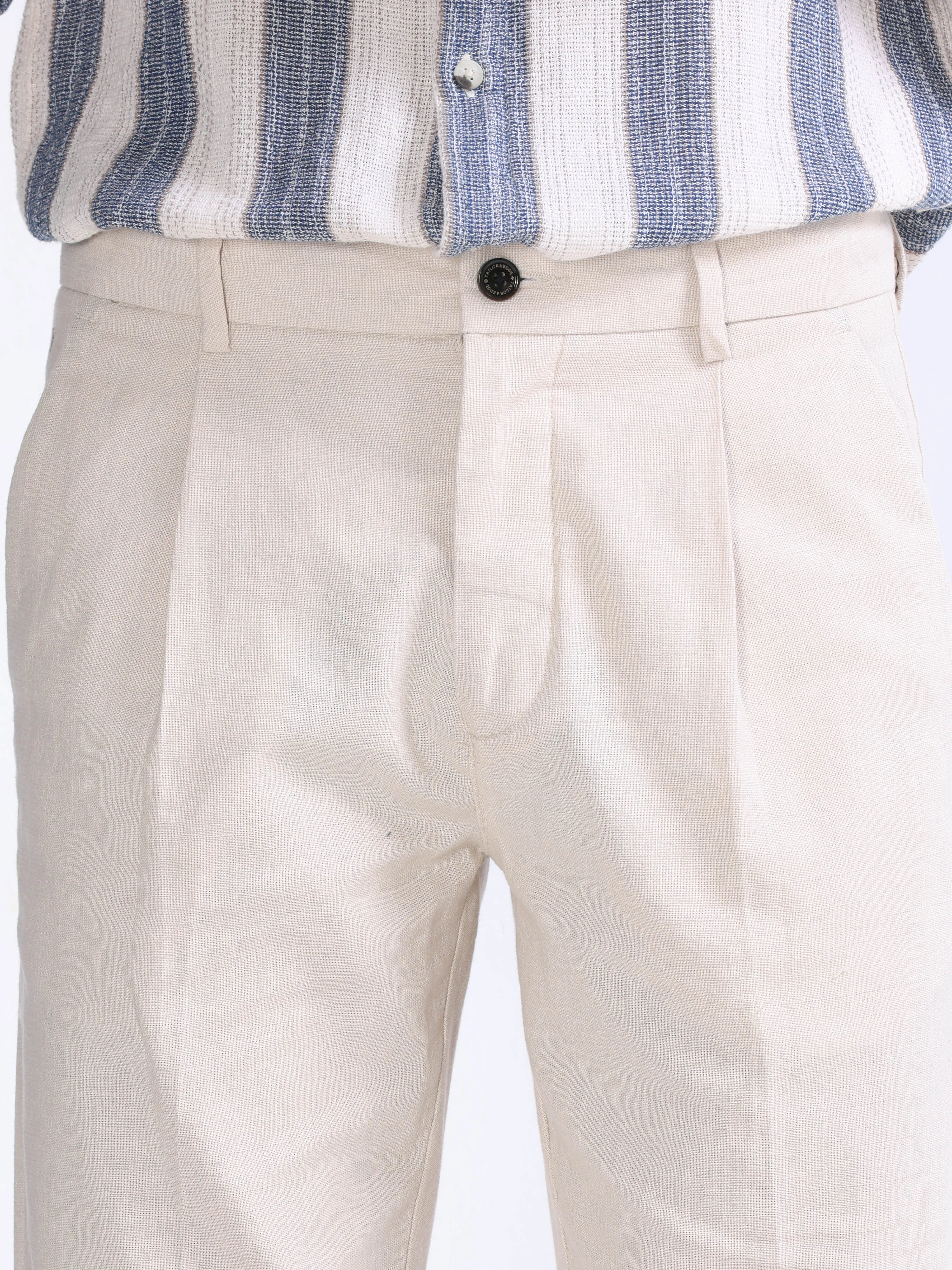 RAW SLUB PLEATED TROUSER IN CREAM