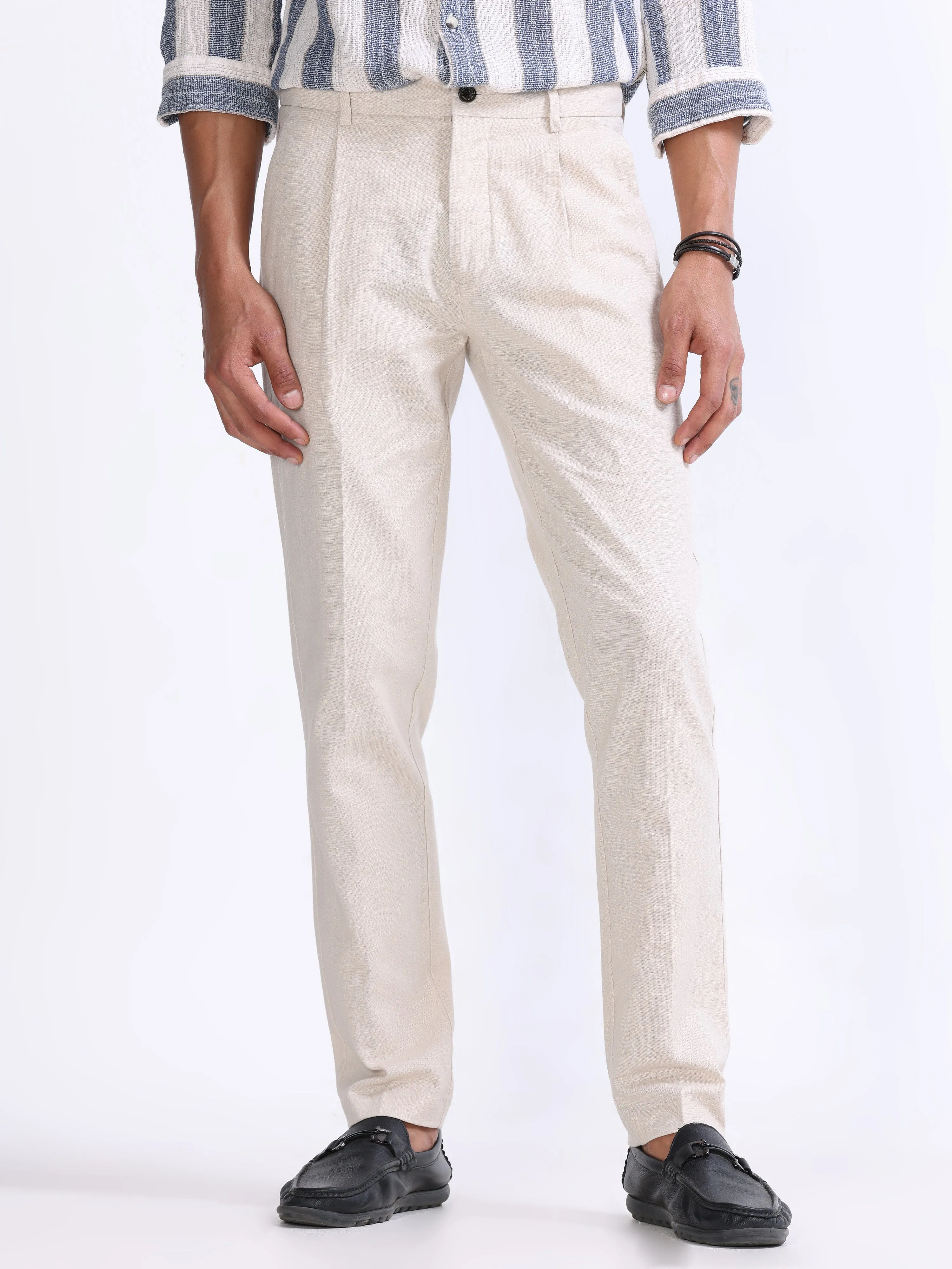 RAW SLUB PLEATED TROUSER IN CREAM