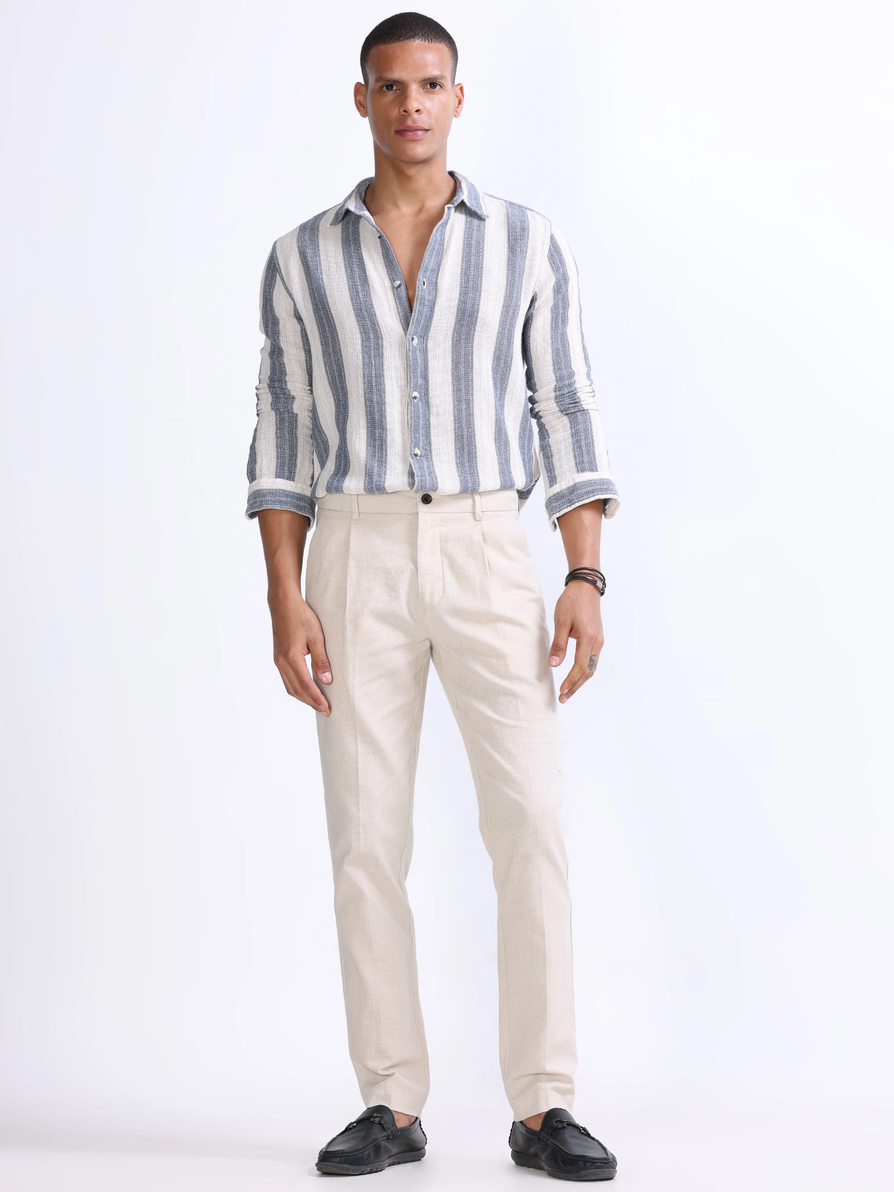 RAW SLUB PLEATED TROUSER IN CREAM