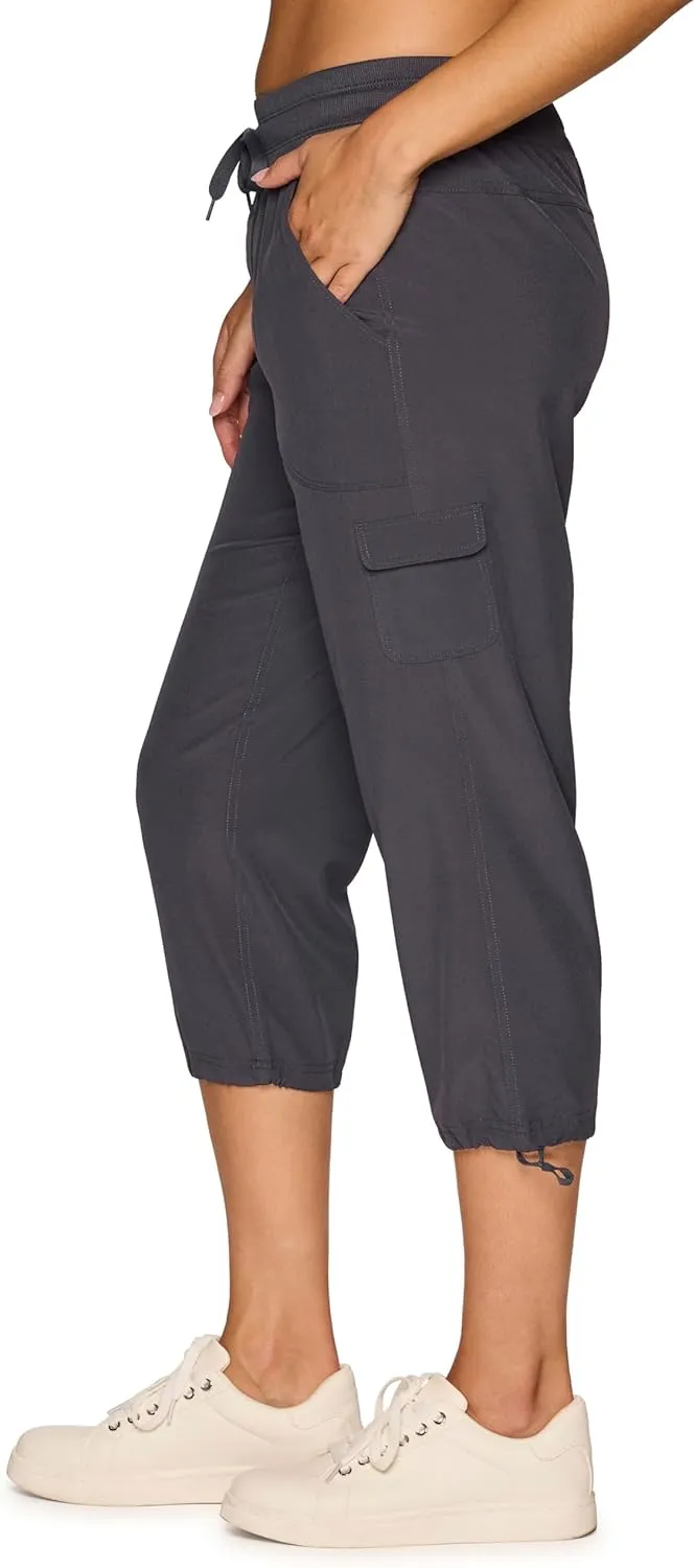 RBX Active Women's Cargo Capri Pant with Pockets Fashion Lightweight Woven with Drawstring