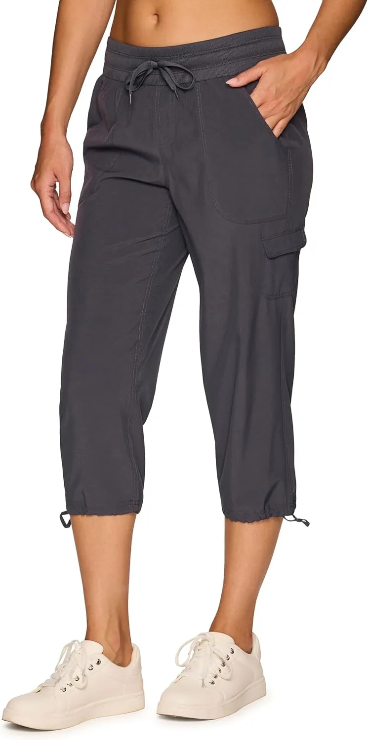 RBX Active Women's Cargo Capri Pant with Pockets Fashion Lightweight Woven with Drawstring