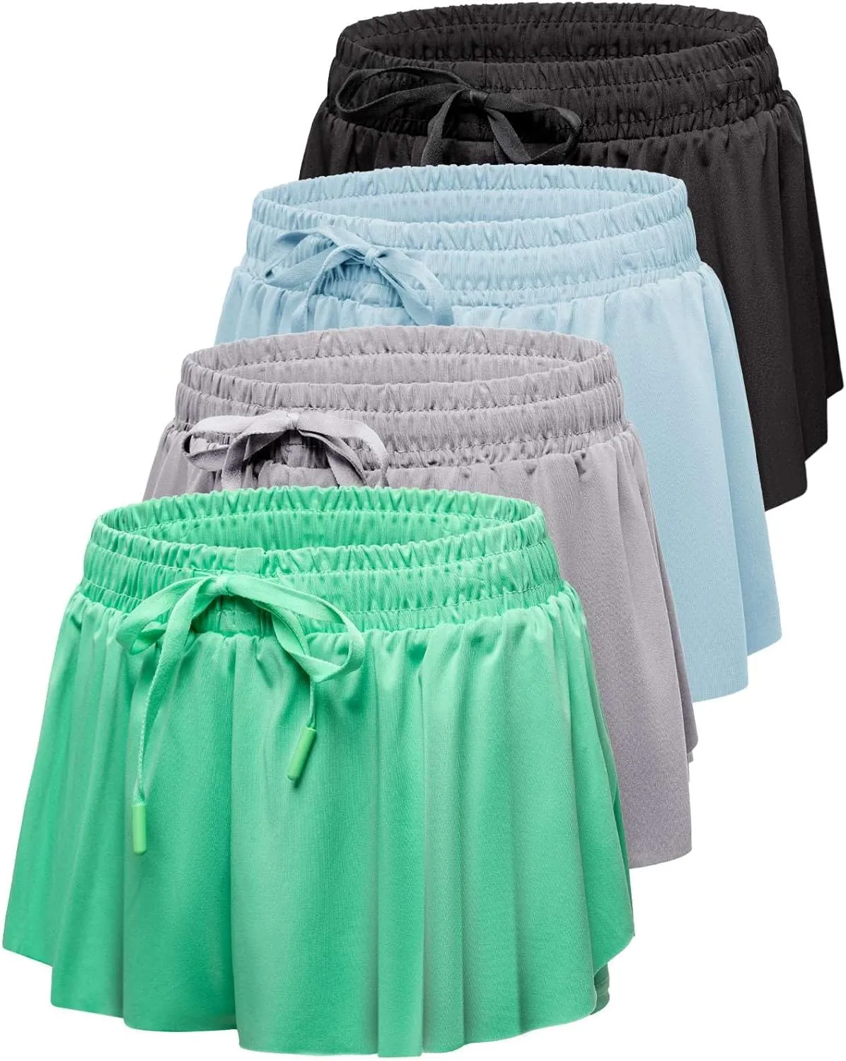 Real Essentials 4 Pack: Girls 2-in-1 Flowy Shorts with Spandex Liner Youth Butterfly Skirts - Athletic Dance (Ages 4-18)